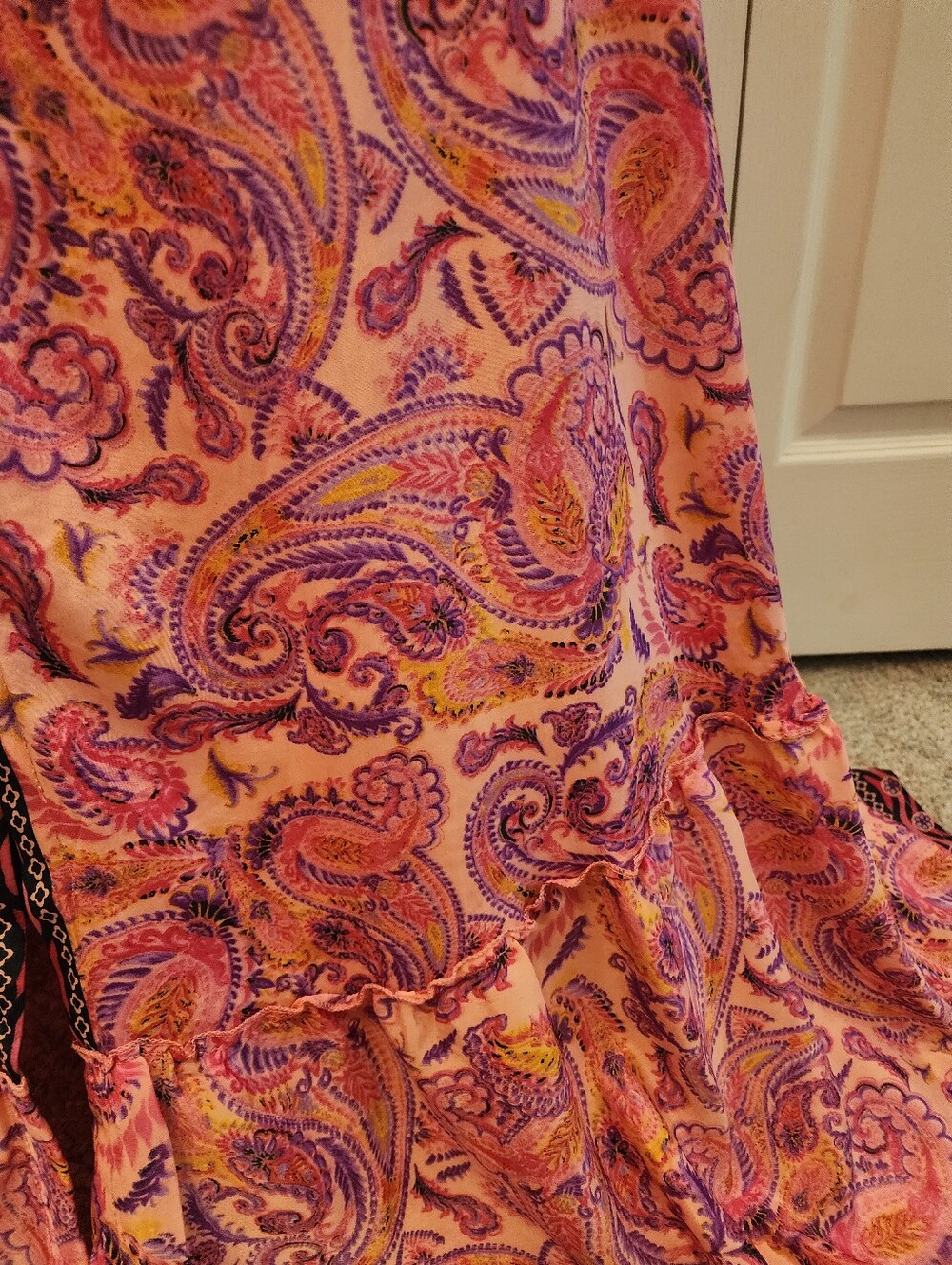 Vibrant Pink Paisley Boho Tiered Maxi Skirt Front Button Slit Smocked Waistband - Picture 8 of 13